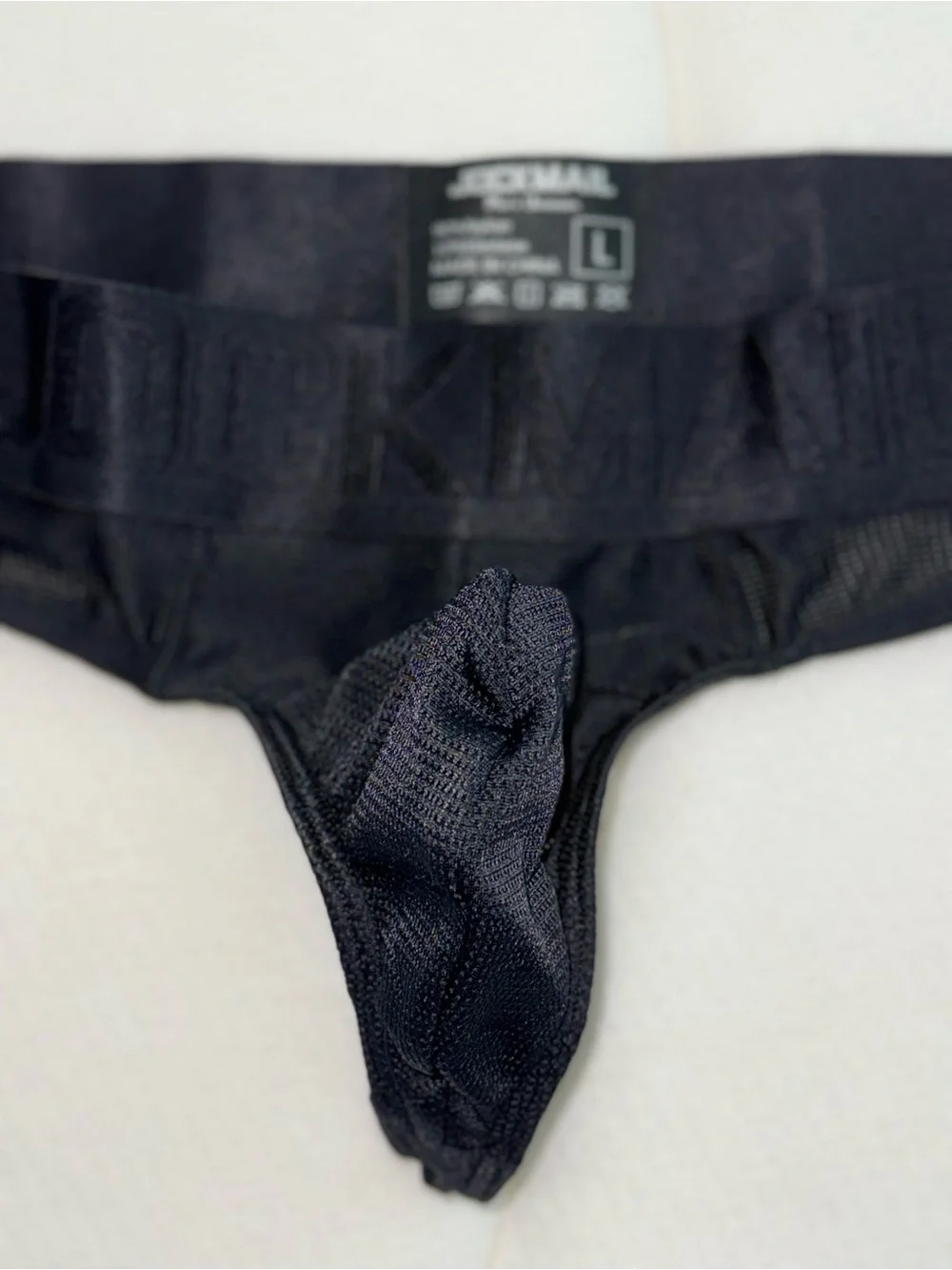 Jockmail Black Men's Large Athletic Jockstrap Thong with Elastic Waistband